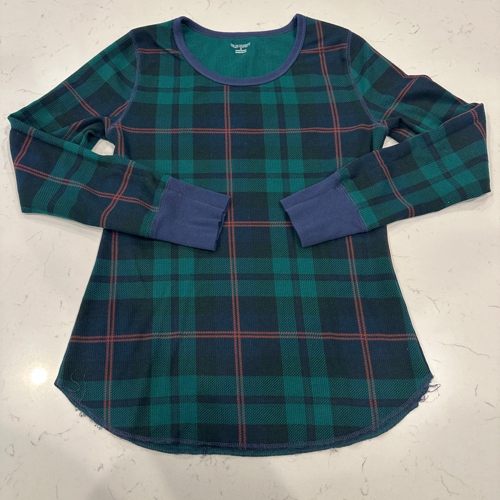 Old Navy Womens Green Plaid Thermal Waffle Knit Long Sleeve Shirt Size M